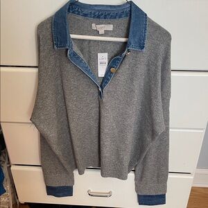 LOFT Heather Gray Sweater with Denim Accents
